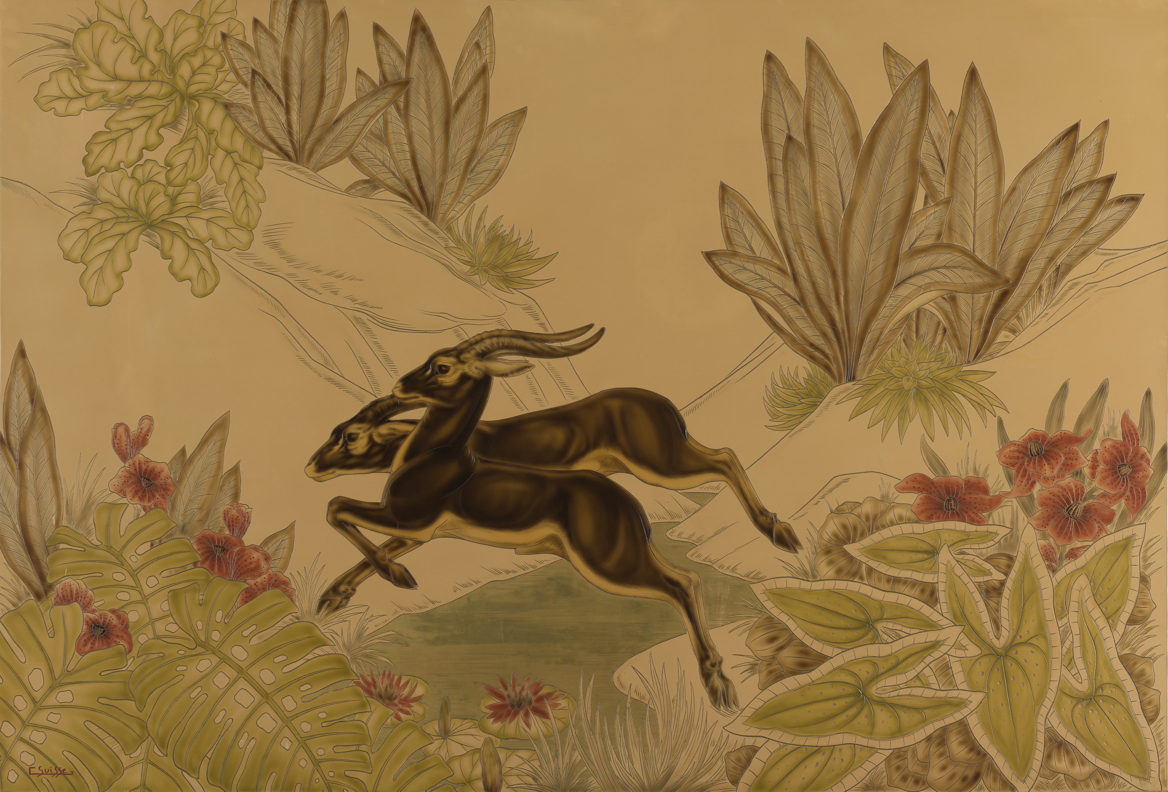 Antilopes sautant un ruisseau, vers 1934.
